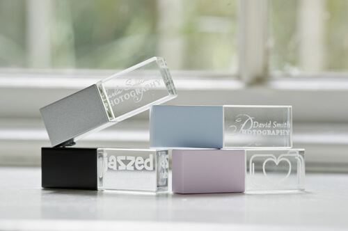 Crystal USBs shown in 4 different colours