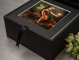 Laser engraved branding on a black folio box