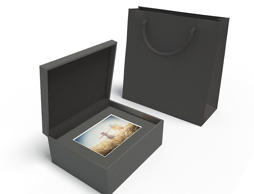 30 Mat Size Black Fabric Box with Black 5x7 Matted Prints
