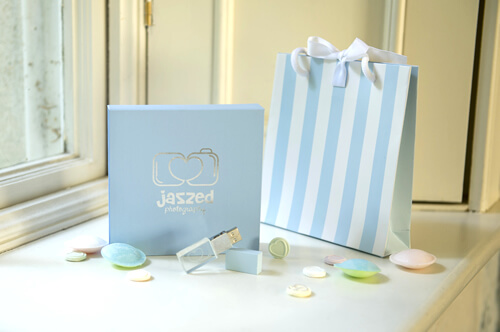 Blue Crystal USB with Blue Box and Blue Striped Bag
