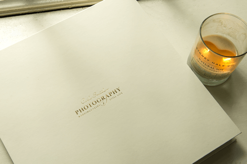 Closeup of Gold Foil Branding on Ivory Box