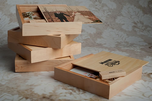 Maple wood 6 x 4 print boxes with USB drives