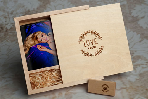 Laser engraved wooden print box with USB drive