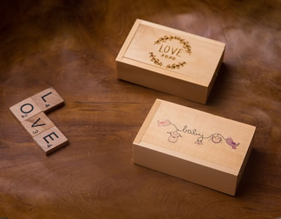 Engraved and colour printed Maple boxes